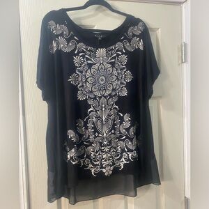 B.L.E.U. Cap Sleeve Hi Low Embroidered Embellished Black White Top Plus Size 1X